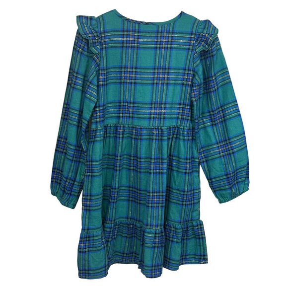 Cat & Jack Girls Plaid Tiered Ruffle Long-Sleeve Dress Green Blue XL (14) - Picture 2 of 5